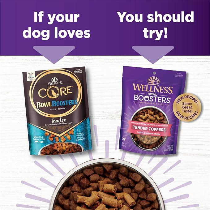 Wellness Bowl Boosters Tender Toppers Dog Food Topper for Small, Medium, and Large Breeds, Grain Free, Natural, Lamb and Salmon Recipe, 8 oz Bag