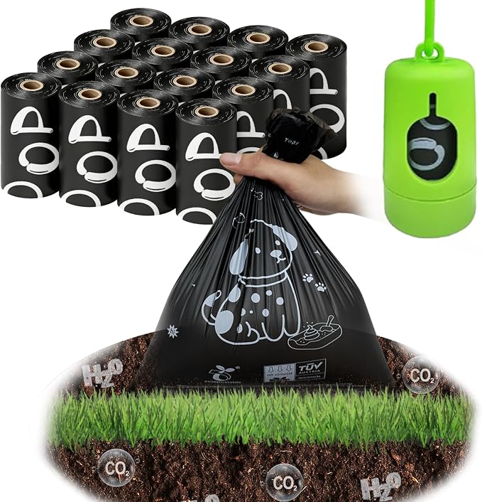 100% plant-based Dog Poop Bags Rolls, ASTM D6400 & EN 13432 Compliant, 240 Poop Bags including dispenser, 13 in × 9 in black poop bags for dogs, Super thick 100% leak proof