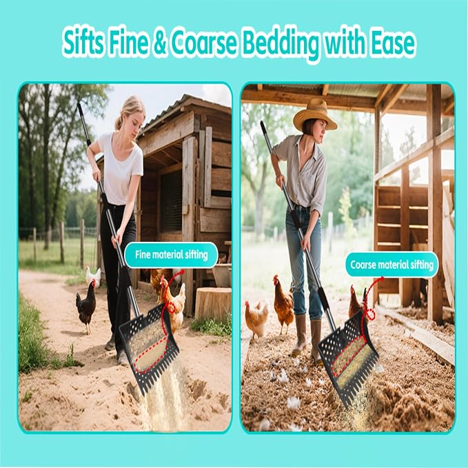 12" 2-in-1 Chicken Poop Scooper & Rake (US Patent No. D1124534), 3-Shape Sifting Holes Chicken Coop Rake, Stainless Steel Handle (20–61") - Litter Scoop Sand & Sifting Shovel (Black)