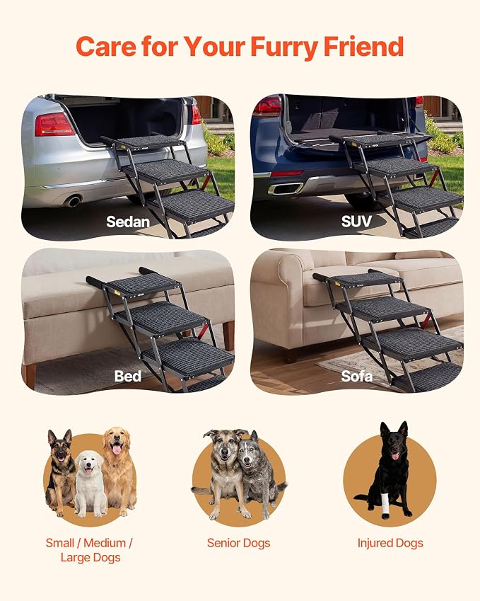VEVOR Dog Stairs for Car, 4 Steps Extra Wide Foldable Dog Ramp for Large Dogs with Non-Slip Rug Surface, Portable Lightweight Pet Ladder for Car, SUV, Truck, High Beds, Sofas, Support up to 200 lbs