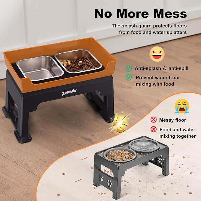 ZOMISIA 3-in-1 Elevated Dog Bowls - 6 Height Adjustable Raised Dog Bowl Stand, Double Deck Design Mess Proof, Feeding Station with 2 Stainless Steel Bowls & Licking Plate for Small Medium Large Pets