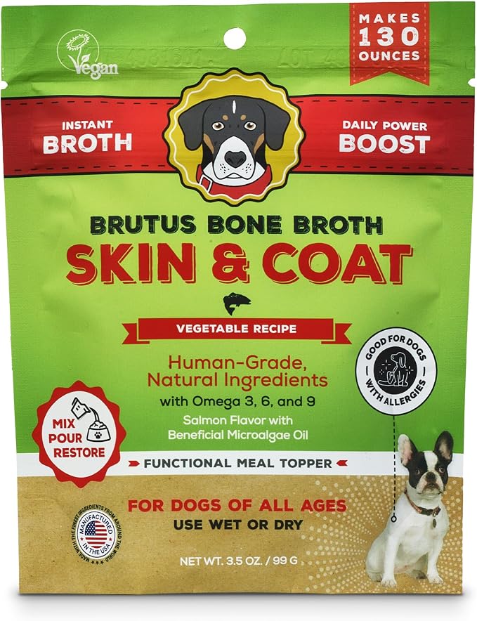 Brutus Broth Dog Food Topper - Instant Broth Powder with Omegas 3,6,9 from Microalgae Oil for Skin and Coat - Human-Grade Quality, Serve Dry or Wet - Vegetable Flavor, 3.5 oz (Pack of 1)