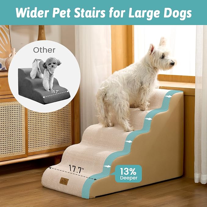 COZY KISS Wide Dog Stair for Small Dog 22.6" H, 5 Step Pet Ramp for Bed | Curved Stable Dog Step for Puppy, Older Cat, Senior, Medium, Short-Legged Dog, Non-Slip Ladder for Car, 17.7" Width, Beige