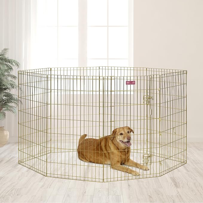 MidWest Homes for Pets Folding Metal Dog Exercise Pen, Indoor/Outdoor Playpen with Door, 16 Sq Feet of Play Space, 42-Inches Tall, Gold Zinc