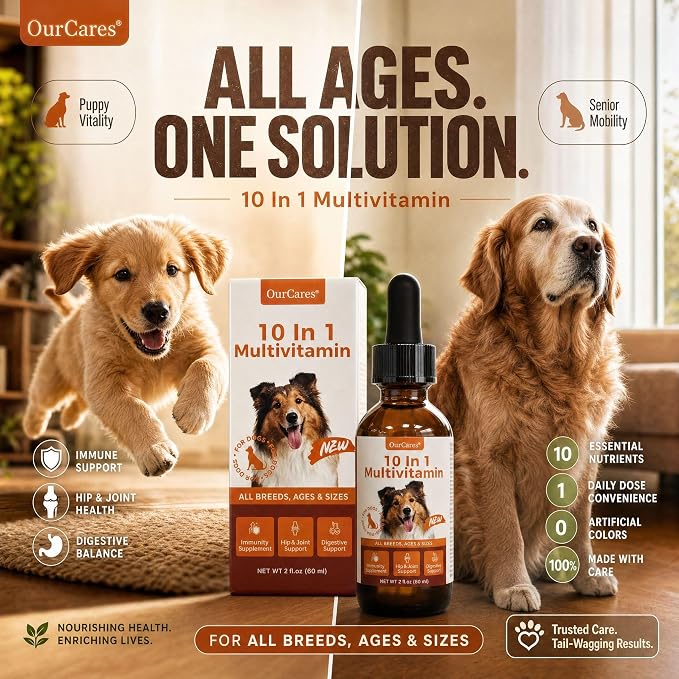 Liquid Dog Vitamins, Multivitamin Drops with Glucosamine, 2 fl oz | MSM & cranberry with vitamins B, C, D3 for skin, coat, energy, immune & urinary health. Tasteless for picky and senior dogs.