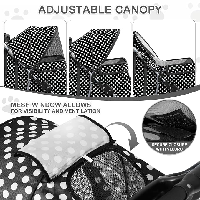 MoNiBloom 3-Wheel Foldable Pet Stroller - Black Polka Dots