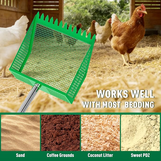 TOOGE Large Chicken Poop Scooper: 2-in-1 Metal Pooper Scooper & Rake Adjustable 62" Long Handle Stainless Steel Sand Sifting Litter Shovel Chicken Coop Scoop Cleaning Tool for Goat Yard Bright Green