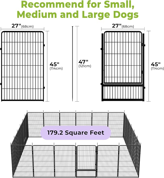 SunsGrove Dog Playpen Outdoor, 45 inch 24 Panels with Wider Door for Large Dogs, Free and Safe Play Dog Fence Indoor, Black