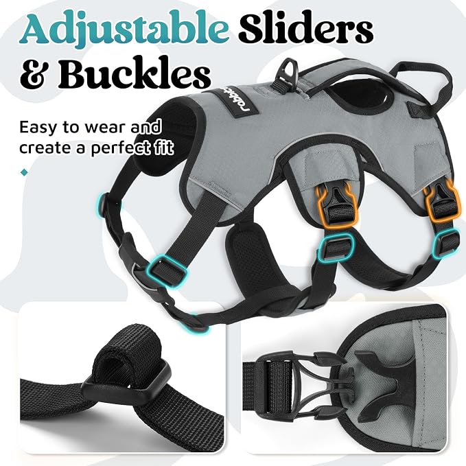 rabbitgoo Escape Proof Dog Harness for X-Large, No Pull with Lift Handle | No Escape, Full Soft Padded, Reflective Adjustable Vest, Leash Clip for Walking Hiking Training, Grey, X-Large