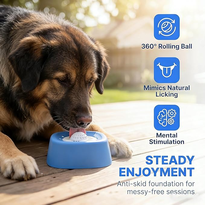 Slow Feeder Dog Bowl, Rolling Lick Ball & Lick Mat for Dogs Cats, Spill-Resistant Puzzle Feeder for Liquid Treats, Food-Grade Rubber, Non-Slip Interactive Toy for Anxiety Relief & Boredom (Blue-1PCS)