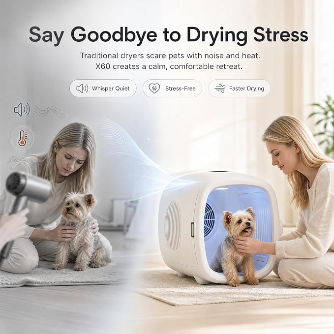 Pet Grooming Dryer Box (For Pets Up to 16lbs) | High-Efficiency & Quiet <26dB, Smart Temperature Control, 25-60 Minute Fast Drying, Negative Ion Hair Care