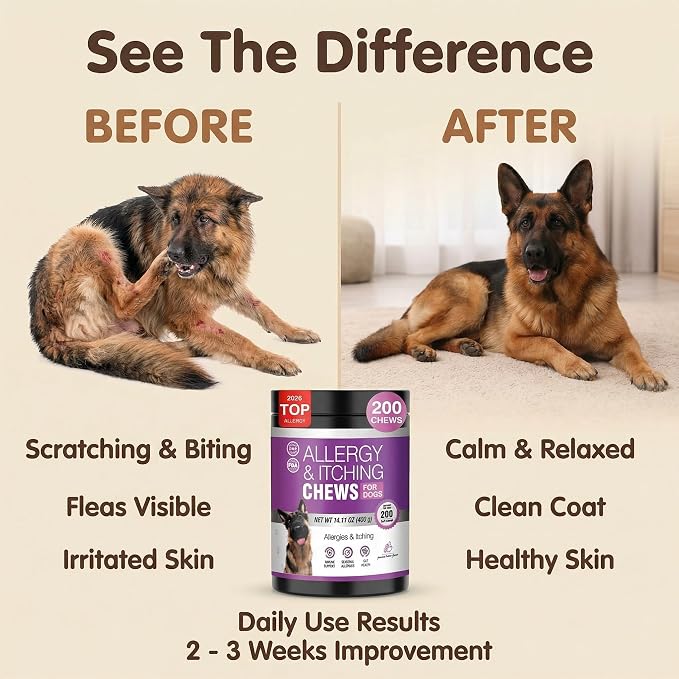 Dog Allergy Chews for Dogs, Itch Relief Support for Itchy Skin, Paw Licking & Itchy Ears, Skin & Coat Health with Colostrum & Probiotics, Chicken Flavor Soft Chews, 200 Count