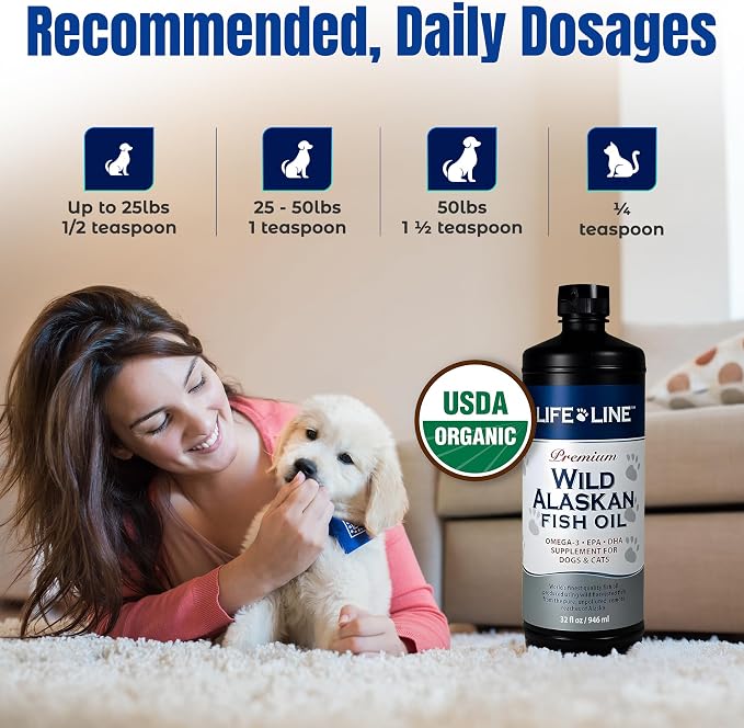 Life Line Pet Nutrition Wild Alaskan Fish Oil for Dogs and Cats 32oz – Omega 3 Fish Oil Supplement for Skin & Coat – Supports Brain, Eye & Heart Health in Dogs & Cats