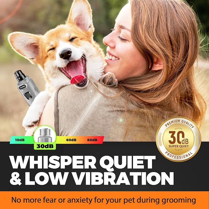 Whisper Quiet Dog Nail Grinder with 4 LED Lights, 3-Speed, Grey