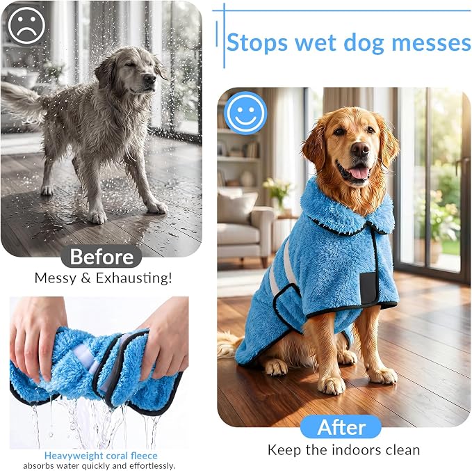 Bienbee Dog Bathrobe, Quick Drying Super Absorbent Pet Robes for Small Medium Large Dogs, Drying Coat for After Bath & Swim, Warm & Cozy Dogs Towels, Dog Puppy Bath Supplies, Light Blue XXL