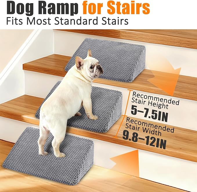 Dog Ramp for Stairs, Non-Slip Stair Wedges with Gentle Slope, Pet Ramp with Washable Cover and Self-Sticky Pads for Safe Climbing, Gray, 6 Pack