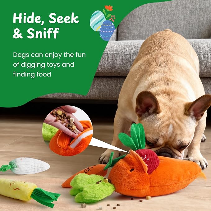 Nocciola Carrot Dog Toys – Easter Squeaky Toys-in-Toys: 5 Small Carrots Inside a Large Plush Carrot with Squeaker & Crinkle Sounds for Small, Medium, Large Breeds, Spring Pet Gifts
