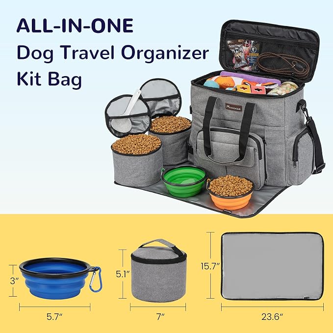 Modoker Dog Travel Organizer with 2 Collapsible Bowls & Food Containers
