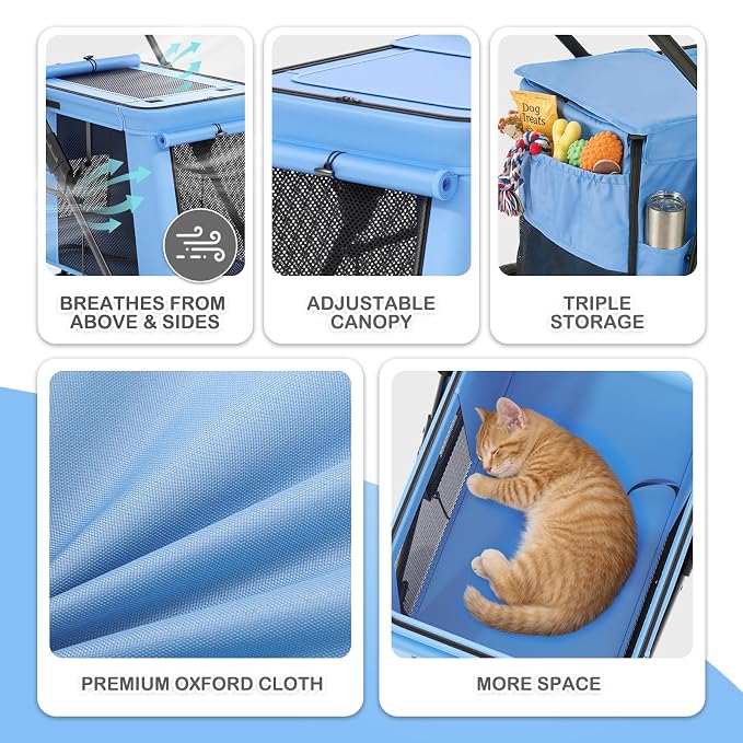 MoNiBloom Pet Stroller for Medium/Large Dogs - Blue, up to 66lbs