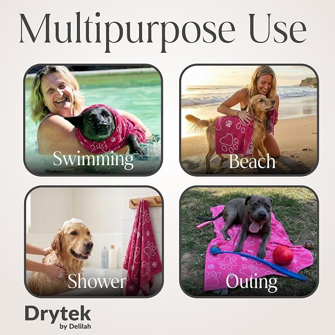 Delilah Home Drytek Dog Towel - Quick-Dry Pet Towel for Large Dogs, Ultra Absorbent & Odor-Resistant - Lightweight Sand-Resistant for Outdoor Bath, Grooming Supplies, Beach & Travel - 30x54 in - Pink