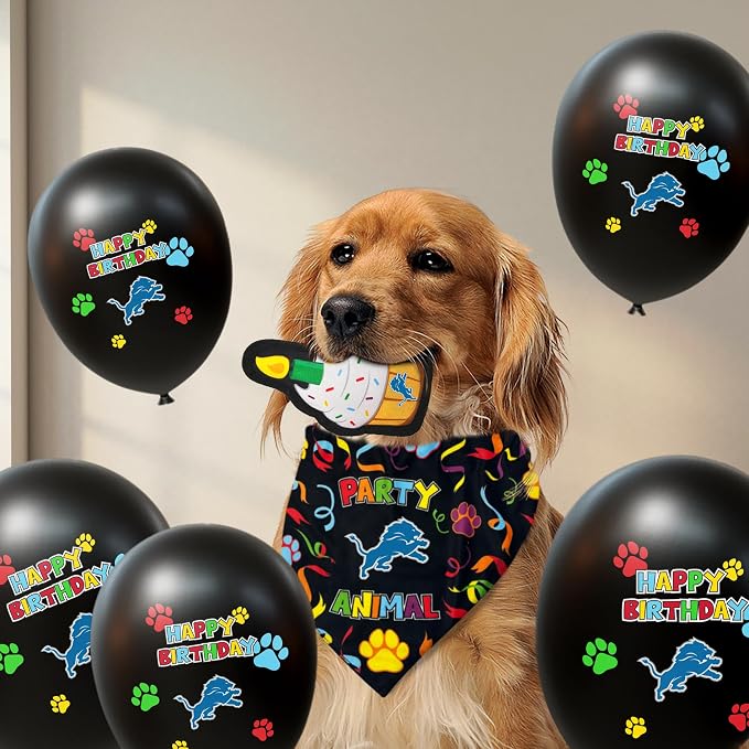 NFL Detroit Lions Dog Birthday Party Set 8pcs with 1 Football Bandana Large/X-Large, 1 Birthday Cake Toy & 6 B-Day Balloons, Dog Birthday Set, Costume, Fun Doggie Party Accesories