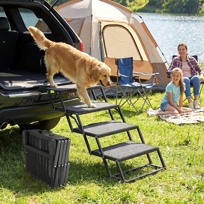 4-Step Dog Stairs for Car, 17” Wide Adjustable Pet Steps for SUV & Truck, Foldable Dog Ramp Ladder for Small, Medium & Large Dogs