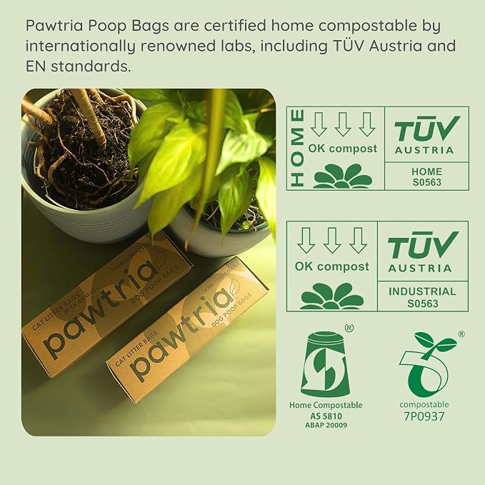 Pawtria Certified Home Compostable Pet Waste Bags (Extra Large, 100 Bags, Handles, Single Roll) Cat Litter Bags, Vegetable Starches, Leak proof Dog Waste Bags, Cat Litter Fit Any Scoop