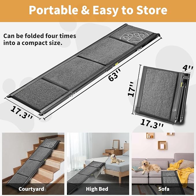 Dog Ramp for Car 63" Long & 17.3" Wide Portable Dog Ramps for Large Dogs with Non-Slip Rug Surface Dog Car Ramp for SUV Car & Truck, Outdoor Pet Ramp Folding Dog Ramp Up to 250LBS