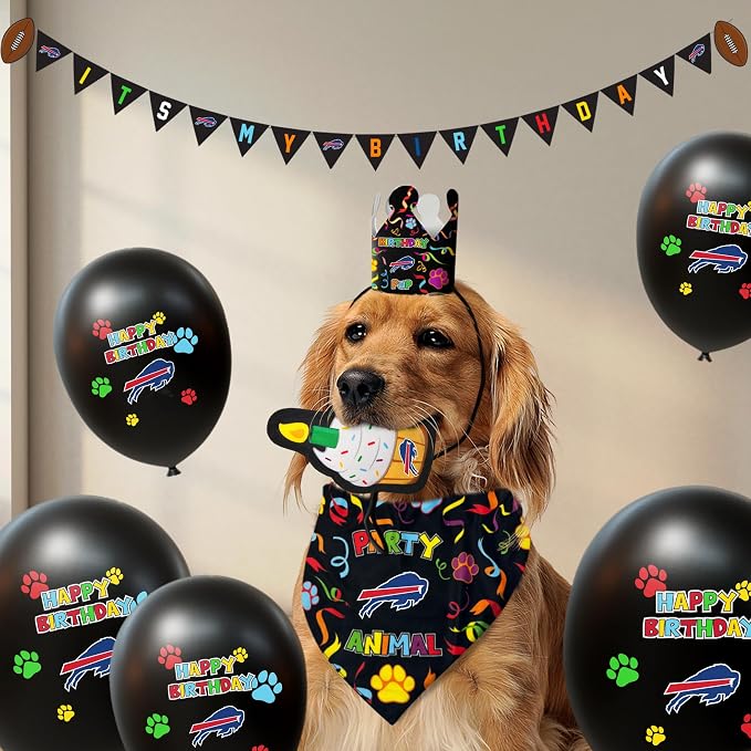 NFL Buffalo Bills Pet Birthday Bandana, NFL Dog Birthday Party Set and Costume, Licensed Dog & Cat Birthday Party Scarf, Football Team Pet Outfit, Puppy Bday Accessory, Size Large/X-Large
