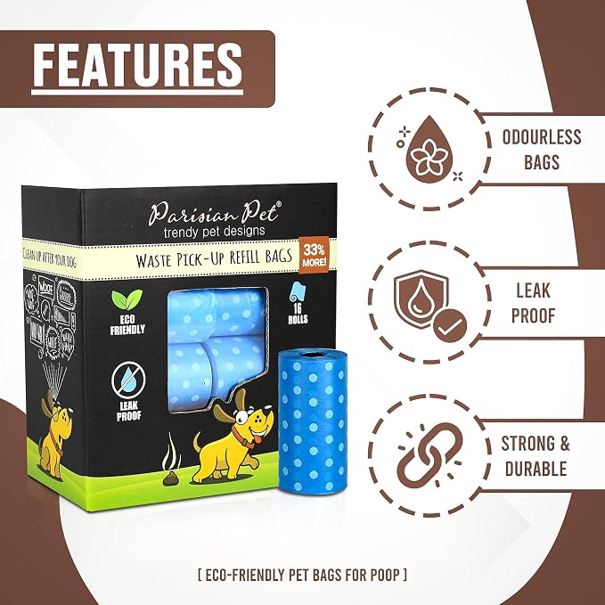 Parisian Pet Ecofriendly Dog Poop Bags Rolls - 320 Count Unscented Poop Bags For Dogs - Leakproof, Extra Thick, 16 Dog Waste Bags Refill Rolls - Polka Dot Blue Doggie Poop Bags - Fits All Dispenser