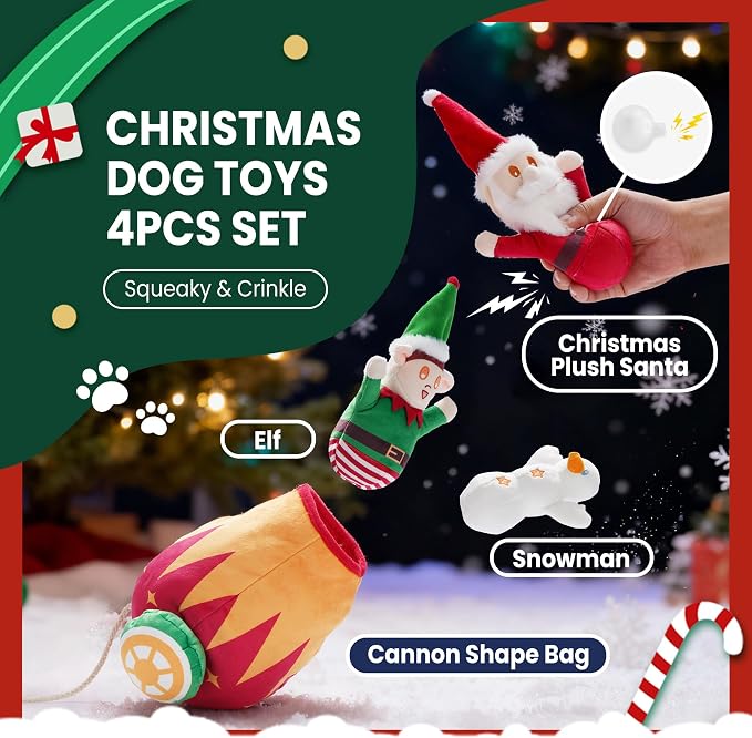 Nocciola Christmas Squeaky Dog Toys 4PCS, Interactive Hide and Seek Dog Toys Christmas Theme- Santa/Snowman/Elf in Cannon Toys Plush, Crinkle Dog Chew Toys for Large Medium Small Dogs