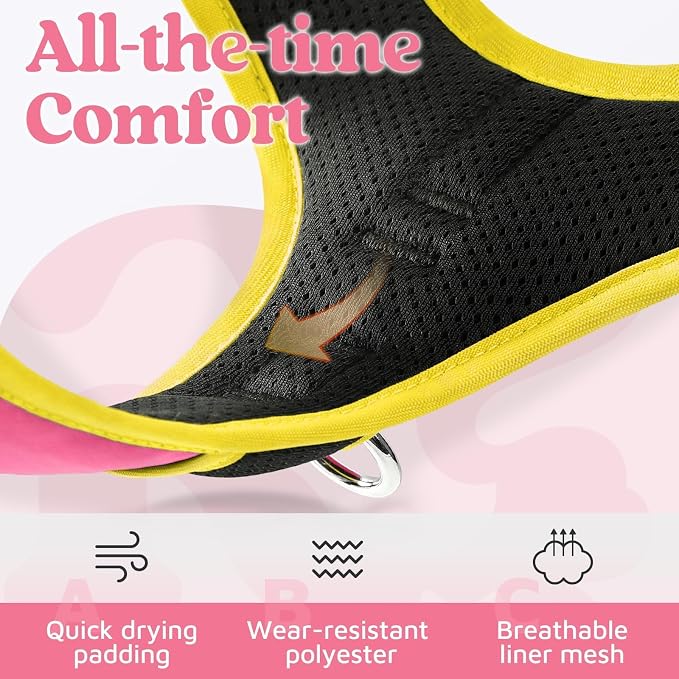 rabbitgoo Dog Harness Medium Sized, No Pull 3 Buckles Easy On & Off | Soft Padded, Walking with Control Handle, Adjustable and Reflective, Pink & Yellow, Medium