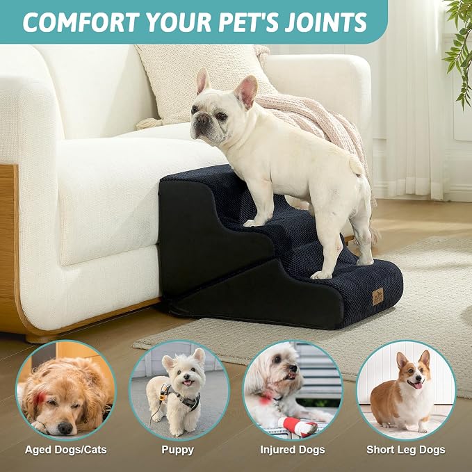 COZY KISS Dog Stairs for Small Dogs, 3-Step 2-in-1 Dog Steps,15.7" H | 3-step dog stairs and ramps for Old Cats, Puppy, Small Dogs,Non-Slip Base,for Couch & Bed, Black