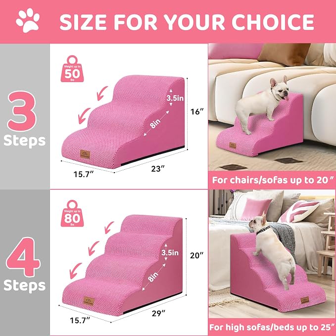 Zerbuger Dog Ramp and Stair for Bed 16" H-20 H,3-Step Cat Stair for Sofa and Chair,4-Step Dog Ramp for High Bed and Window,Durable Nonslip Fabric Cover for Indoor (Pink-16 H, Pet Friendly, 3)