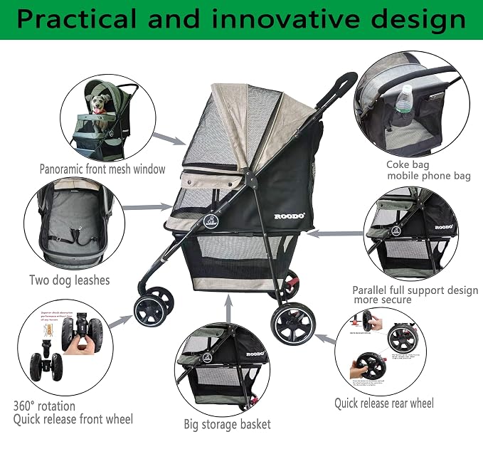 ROODO 3-Wheel Pet Stroller - Light Khaki, up to 30lbs