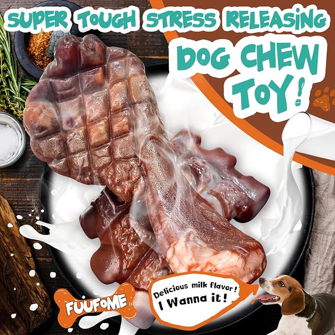 Fuufome Tough Dog Chew Toys for Medium & Large Aggressive Chewers, 2 Pack | Indestructible, Hard Nylon Bone, Long Lasting Chewing, Teeth Cleaning, to Keep Them Busy, for 20-100 Lb Dogs, Milk Flavor