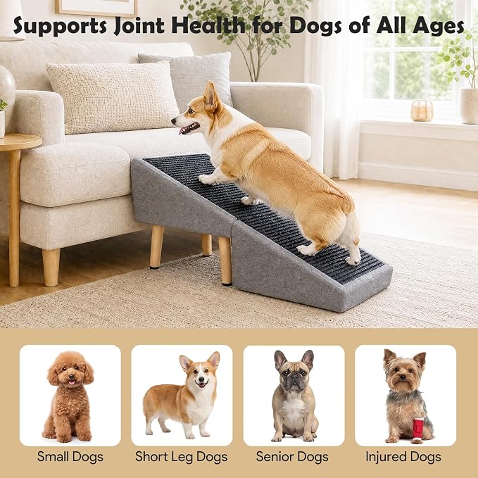 16" H Dog Stairs & Ramp for Small Dogs, 2-in-1 Foldable Wooden Dog Ramp for Low Bed and Couch, Non-Slip Split Ottoman Pet Ramp, Safe for Puppies, Senior, Injured Dogs, Grey