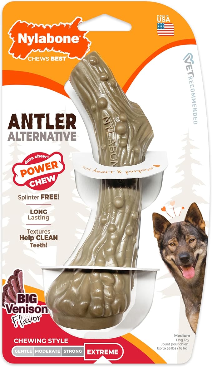 Nylabone Power Chew Antler Alternative Nylon Chew Toy for Dogs, Dog Toys for Aggressive Chewers, Venison Flavor, Medium/Wolf (1 Count) | Splinter-free, durable dog toys for aggressive chewers, long lasting, discourages destructive chewing, for dogs up ...