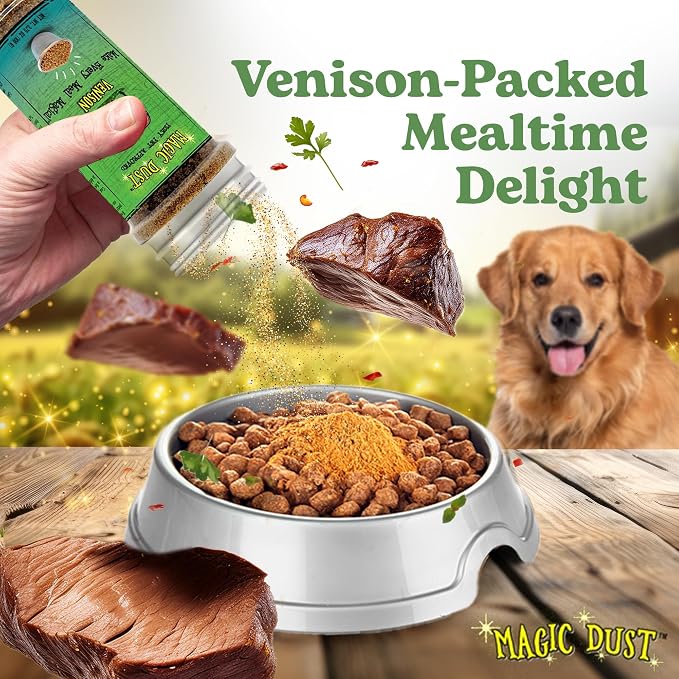 Magic Dust Venison Jerky Topper, Single Protein Pet Food Topper for Dogs & Cats, Enhance Flavor & Elevate Mealtime Excitement for Picky Eaters - 3.5 Ounce Bottle in Venison Flavor