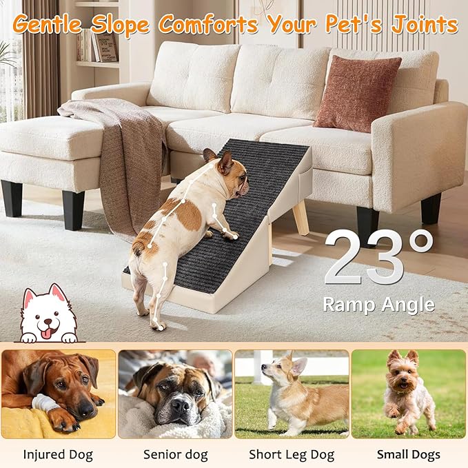 2-in-1 Foldable Dog Ramp for Couch and Bed, 14.4" H Dog Ramps for Small Dogs and Cats, Wooden Pet Stairs with Non-Slip Mat & Side Pockets, Split Ottoman Pet Ramp Steps for Medium Dogs, Puppy