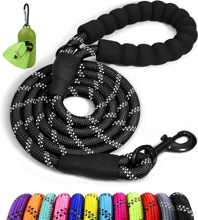 Taglory Rope Dog Leash for Medium Large Dogs, 5 FT Padded Handle, Black | Climbing Rope for Strong Pullers, Reflective for Night Walks and Training, Comfortable Grip, Anti-tangle Swivel Clip 1/2 inch