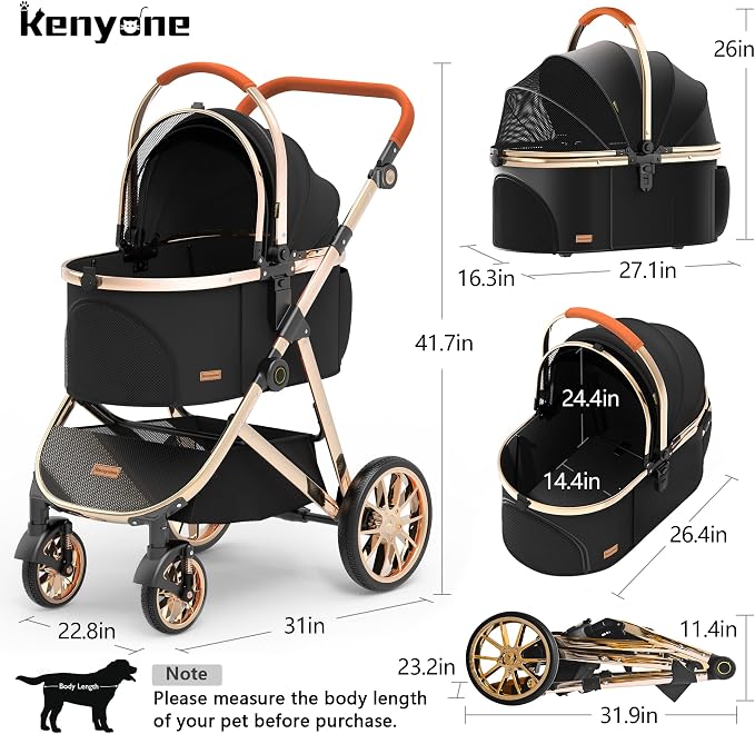 Kenyone Luxury 3-in-1 Pet Stroller - Black (C910L), Detachable Carrier