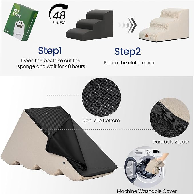 GoGoBunny Waterproof High Density Foam Curved Dog Stairs for High Beds Couches 19.7" H, 4-Step Ramp Dog Steps Friendly to Small Medium Dogs or Pets Joints, Non-Slip Balanced Durable Pet Step, Beige