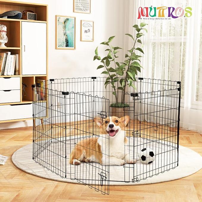 MUTTROS Foldable -30 inch Octagonal Metal Dog Playpen - 8-Panel Exercise Dog Fence, No Door, Indoor/Outdoor Dog Corral with Dog Pin for Puppies & Small Dogs, Puppy Gate, Small Black