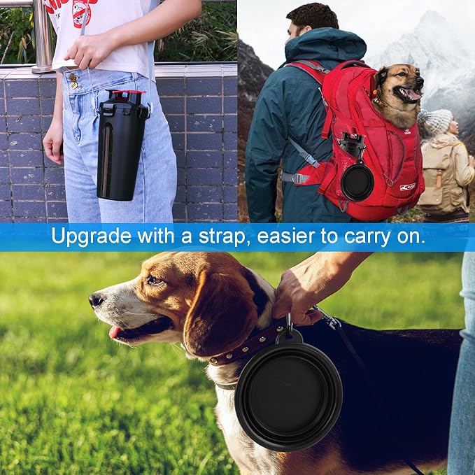 Dog Travel Water Bottle, 2-in-1 with Collapsible Bowl, Black