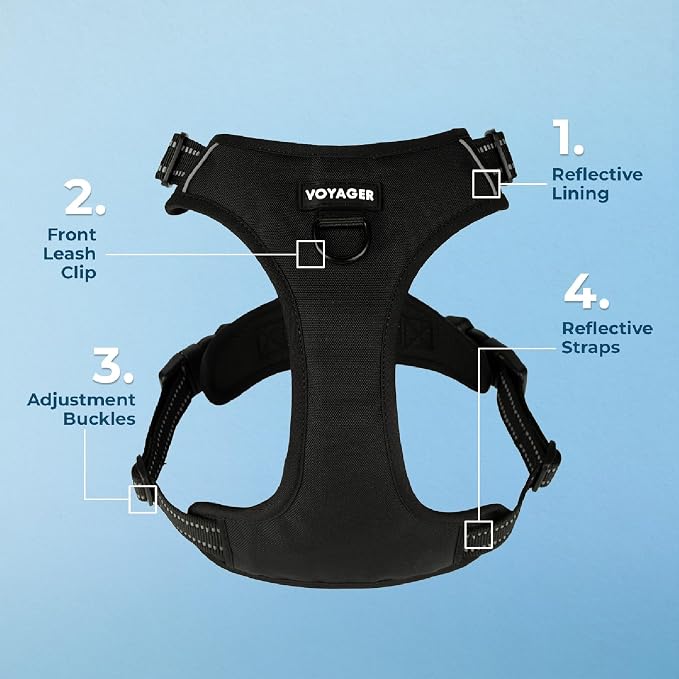 Voyager Dual Attachment No Pull Harness - Black, Medium | 20 - 25" in Chest, No Pull Dog Harness, Fully Adjustable, 3M Reflective Technology, Front & Back D-Rings, Walking & Training