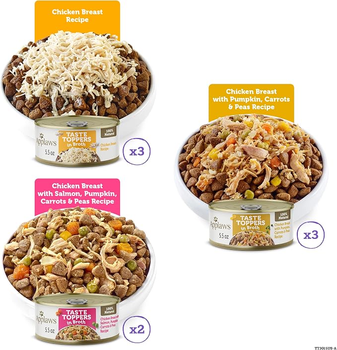 Applaws Taste Toppers, Grain-Free Dog Food Topper, Limited Ingredient, Variety Selection in Broth (8 x 5.5oz Cans)