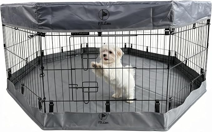 PJYuCien Dog Playpen with Top Cover and Bottom Pad - Metal Foldable Exercise Pen, 8 Panels 24" H x 24" W Indoor Outdoor Pet Fence Puppy Crate Kennel, Gray