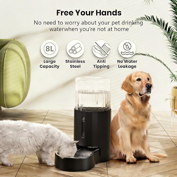 CZPET Dog Water Bowl Dispenser 8L, Wider Mouth & Upgraded Brush for Easy Cleaning Automatic Cat Gravity Refilling Waterer with Removable Stainless Steel Bowl, Large Drinking Area for Multi-Pet (Black)
