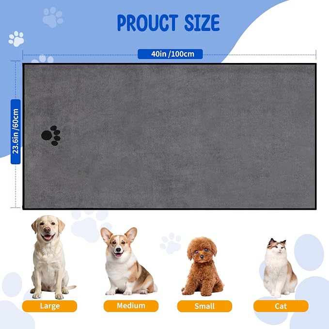 ATONET Microfiber Dog Towels for Drying Dogs, 40'' X 23.6'', Super Absorbent and Soft Pet Grooming Towel, Perfect Shower & Bath Supplies for Dogs(2 Pack Grey)